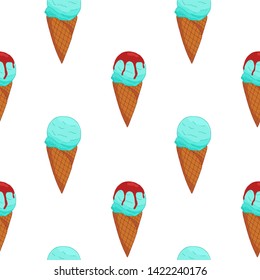 Blue Ice cream seamless pattern. Summer card design. Vector cartoon illustration.