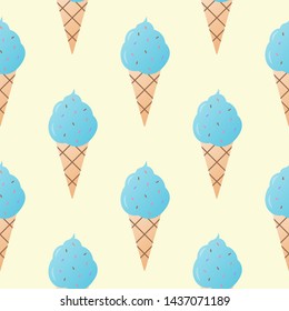 Blue ice cream seamless pattern vector illustration. Ice cream in a waffle cup seamless background, pattern for textile, fabric, wrapping paper, wallpaper, packaging. Vector EPS 10.