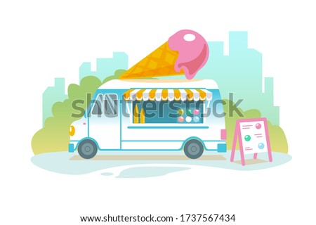 Blue ice cream truck in retro style on cityscape. Popsicle wheeled cafe banner design. Ice car cartoon illustration. Isolated sweet cart in Flat vector landscape. Icecream food delivery service banner