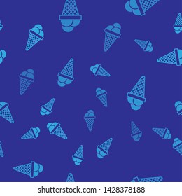 Blue Ice cream in waffle cone icon isolated seamless pattern on blue background. Sweet symbol. Vector Illustration