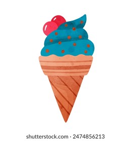 Blue ice cream in waffle cone on isolated white background.