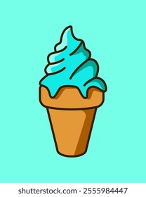 Blue ice cream waffle cones cartoon. Melting ice cream illustration. Vanilla, Bubble gum. Dessert, sweet, confectionery snacks