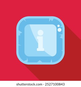 Blue ice cube square information icon casting a long shadow on a red background