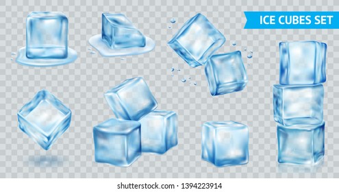 Blue Ice Cube Transparent Realistic Set Isolated Vector Illustration