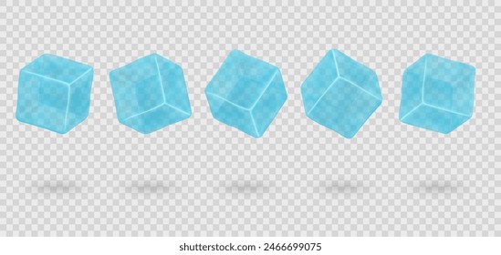 Blue ice cubes on transparent background. 
Transparent 3D frozen crystal pieces.