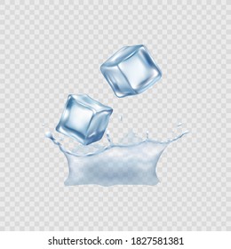 Blue ice cubes pile falling into water splash, realistic vector illustration isolated on transparent background. Solid crystal clear cocktail ice blocks.