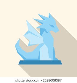 Blue ice dragon statue sitting on a pedestal, simple flat design with long shadow