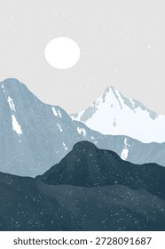 Blue ice mountain painting. Mid century modern art print. Abstract  contemporary mountain art with aesthetic backgrounds landscapes
