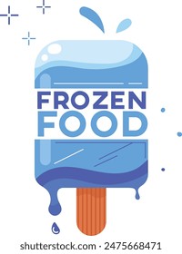 Blue ice pop melting forming words Frozen Food against isolated white background. Cold theme cartoon illustration popsicle. Refreshing summer treat concept graphic artwork