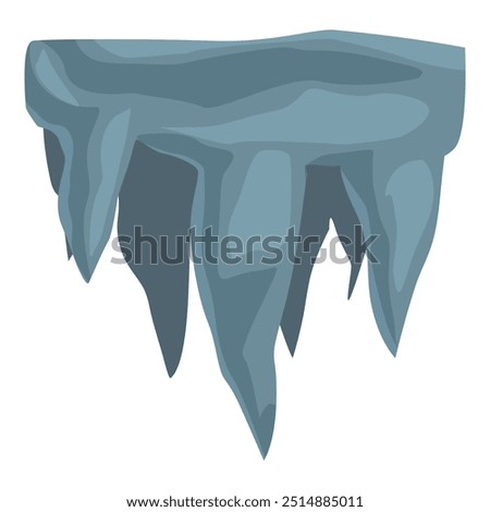 Blue ice shelf hanging down with large icicles forming, isolated on white