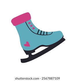 Blue ice skate flat icon with white snowflake on beige background. Winter clothes. Watercolor design. Hand-drawn illustration. Vector illustration.