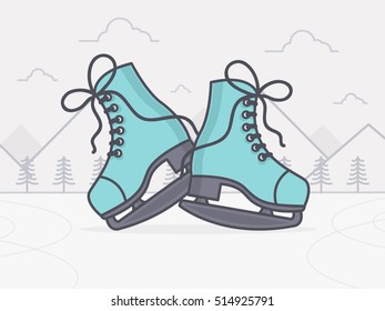 Blue Ice Skates with Mountains and Pine Trees in the Background. Line Art Vector Illustration. 