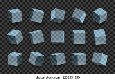 Blue ice transparent 3D cubes pack isolated. Different light, perspective and angle. Vector illustration
