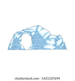 Blue iceberg with hole in the middle, frozen glacier drawing in flat cartoon style, round ice mountain from Antarctic ocean, vector illustration isolated on white background.
