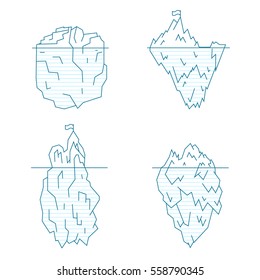 Blue Iceberg Line Style Set Symbol Arctic Landscape, North Climate. Vector illustration