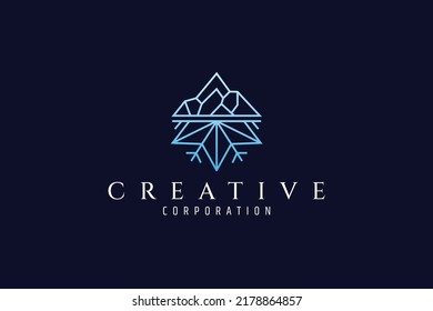 blue iceberg logo with ice flower in one line design style