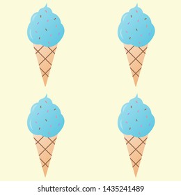 Blue ice-cream pattern vector illustration. Ice cream in a waffle cup background, pattern for textile, fabric, wrapping paper, wallpaper, packaging. Vector EPS 10.
