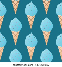 Blue ice-cream seamless pattern vector illustration. Ice cream in a waffle cup seamless background, pattern for textile, fabric, wrapping paper, wallpaper, packaging. Vector EPS 10.