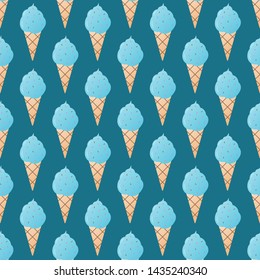 Blue ice-cream seamless pattern vector illustration. Ice cream in a waffle cup seamless background, pattern for textile, fabric, wrapping paper, wallpaper, packaging. Vector EPS 10.