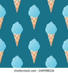 Blue ice-cream seamless pattern vector illustration. Ice cream in a waffle cup seamless background, pattern for textile, fabric, wrapping paper, wallpaper, packaging. Vector EPS 10.