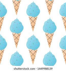 Blue ice-cream seamless pattern vector illustration. Ice cream in a waffle cup seamless background, pattern for textile, fabric, wrapping paper, wallpaper, packaging. Vector EPS 10.