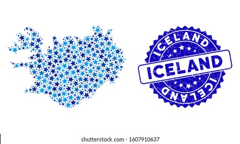 Blue Iceland map composition of stars, and scratched round seal. Abstract territory scheme in blue color tones. Vector Iceland map is designed of blue stars.