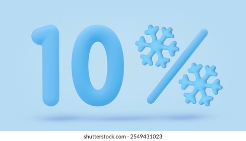 Blue icon, 3d render 10 %, ten percent sign with snowflakes. Realistic design element. Vector illustration for postcard, icons, poster, banner, web, design, arts. Christmas, New Year Sale