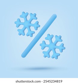 Icono azul, signo de porcentaje de renderizado 3D con copos de nieve. Elemento de diseño realista. Ilustración vectorial en púrpura, para postal, iconos, póster, Anuncio, Web, diseño, artes. Navidades, venta del año Nuevo