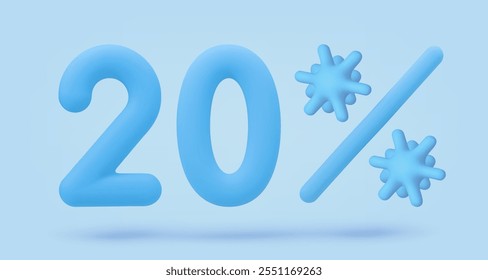 Blue icon, 3d render twenty percent, 20% sign with snowflakes. Realistic design element. Vector illustration on blue, for postcard, icons, poster, banner, web, design, arts. Christmas, New Year Sale