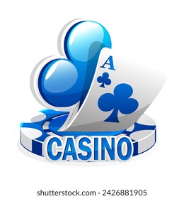 Icono azul para el casino. Ilustración vectorial de cartas de póquer, símbolo de clubes y juegos de fichas