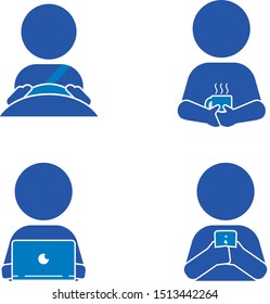 Blue icon character doing daily activities, including driving, drinking coffee, working on laptop, and looking at phone