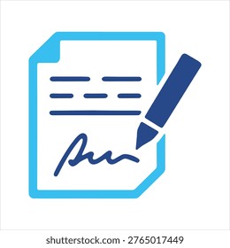 A blue icon of a document with a signature and a pen
