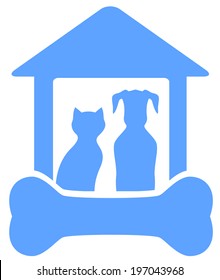 blue icon with dog and cat on home with bone silhouette