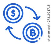 A blue icon of a Dollar ($) coin and a Bitcoin (₿) coin linked by curved arrows in a loop, symbolizing currency exchange, fiat-to-crypto conversion, BTC ↔ USD trading, buying and selling Bitcoin with dollars, or seamless crypto-fiat interchange