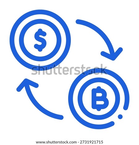 A blue icon of a Dollar ($) coin and a Bitcoin (₿) coin linked by curved arrows in a loop, symbolizing currency exchange, fiat-to-crypto conversion, BTC ↔ USD trading, buying and selling Bitcoin with dollars, or seamless crypto-fiat interchange