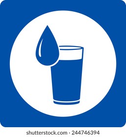 blue icon with falling water drop silhouette and glass
