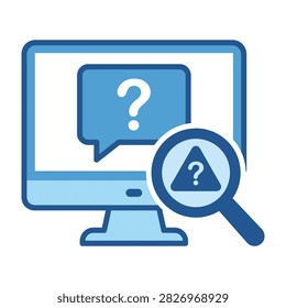 A blue icon featuring a desktop computer screen with a question mark inside a speech bubble, being inspected by a magnifying glass with a warning triangle icon.