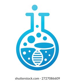 Ícone azul de um frasco com uma hélice de DNA dentro da ciência e ícone de símbolo de biologia
