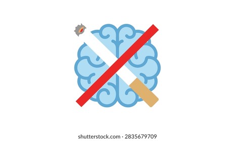 A blue icon of a human brain with a cigarette and a red prohibition line overlaid on top, symbolizing the negative impact of smoking on brain health