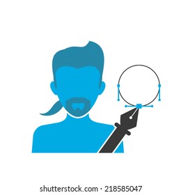 Blue icon of illustrator wearing beard and small ponytail holds pen tool