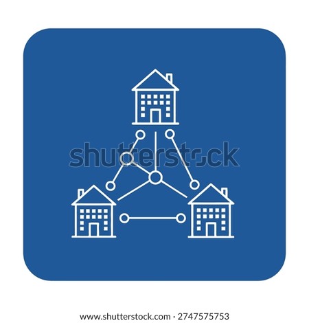 Blue icon of interconnected buildings with network lines symbolizing technology and housing development