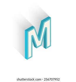 Blue icon isometric letter M with a shadow on a white background. Vector Illustration