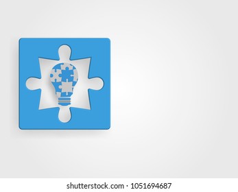 Blue icon of jigsaw in the lightbulb shape on grey background. Business concept. Creative idea. Technology background. Vector illustration.
