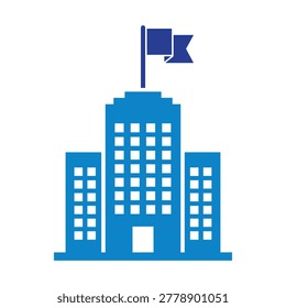 Blue icon of a multi-story office building with a flag on top, representing corporate headquarters or business center.