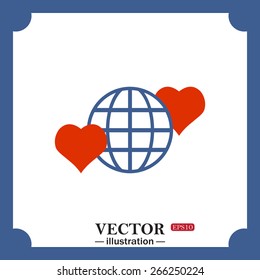 blue icon on white background.  Icon planet and two red hearts. Symbol of love between the nation. Globe.  vector illustration, EPS 10