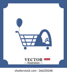blue icon on white background.  Shopping with a cabin for children and inflatable festive ball, web icon. vector design