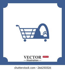 blue icon on white background.  Shopping basket with cabin for children, web icon. vector design