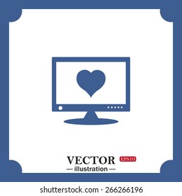 blue icon on white background.  computer and heart, cyber-love symbol, web icon. vector design