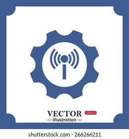 blue icon on white background.  Toothed setting controls via wi-fi network, web icon. vector design