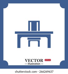 blue icon on white background.  desk and chair, a table in the office, web icon. vector design